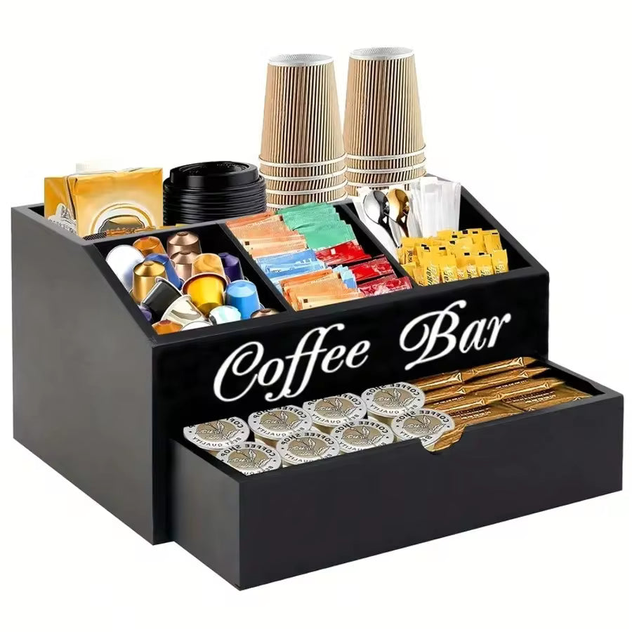 1pc Coffee Bar Organizer Countertop, Wooden Coffee Bar Accessories Organizer With Drawer, Coffee Station Organizer Coffee Pods Holder Storage Basket, Farmhouse Coffee And Tea Condiment Organizer Station