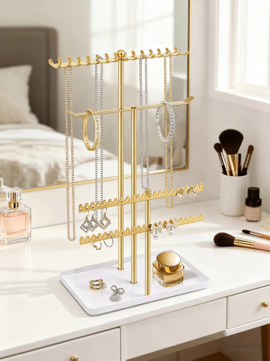 Jewelry Stand Holder Organizer,Necklace Holder Gold Jewelry Stand Displays With Hanging Storage For Necklace, Bracelet, Earrings, Rings