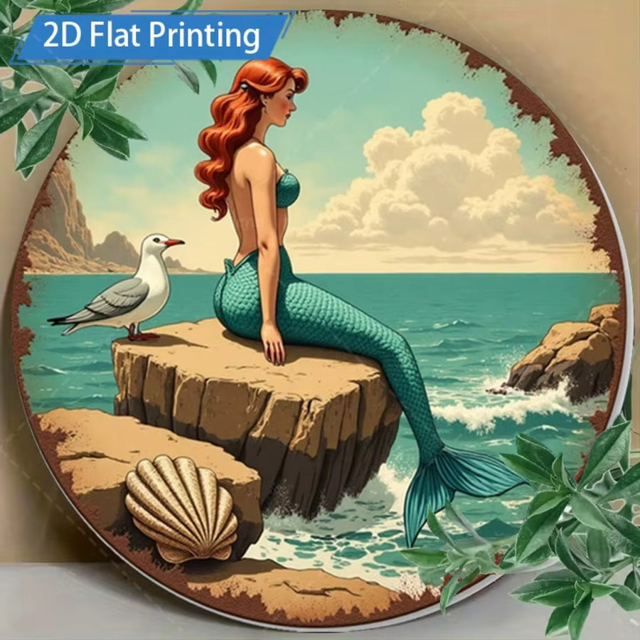 2D Flat, 1pc Vintage Nautical Mermaid Wall Art - Round Coastal Metal Sign With Seagull & Shells, Aluminum Ocean Decor Suitable For Porch, Garden, Bar, Outdoor/ - Mermaid Tail & Seashell, 8x8inch, 2D Flat